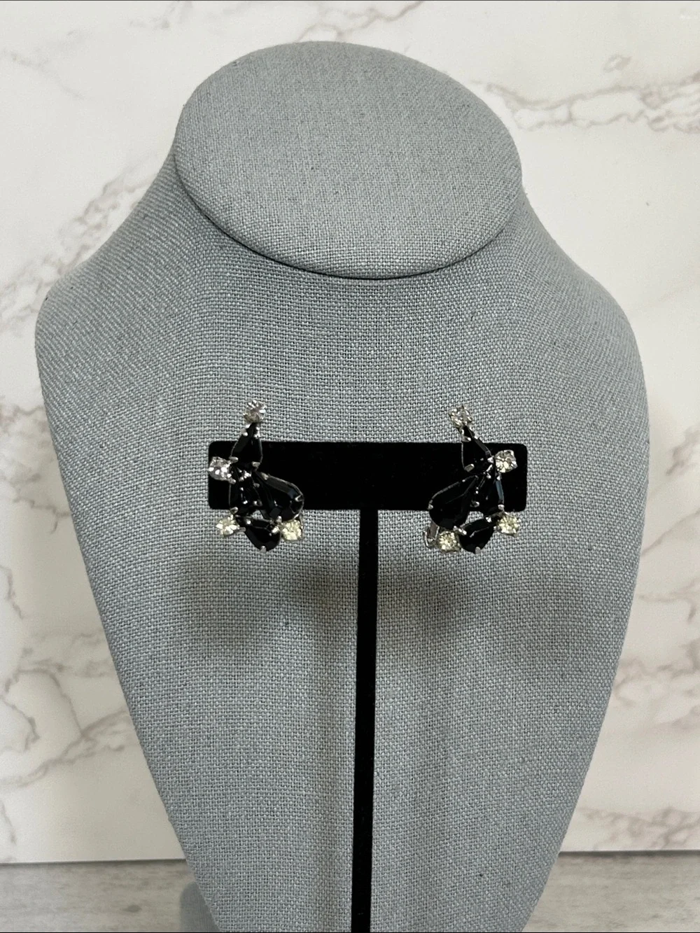 Vintage Elegant Black Crystal Cluster Clip-On Earrings